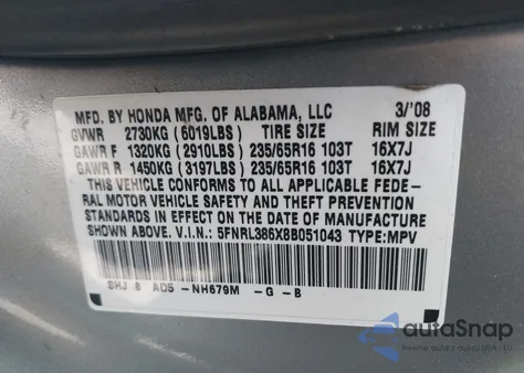 2008 Honda Odyssey Ex-L z USA, uszkodzony, nr VIN 5FNRL386X8B051043